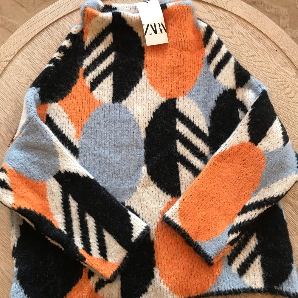 NWT Zara Sweater Dolman Sleeve Chunky Geometric Cozy Mock Turtle Ivory Black - Picture 9 of 10